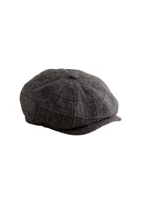 Siva kapa s uzorkom houndstooth od teksturirane tkanine, s okruglim vrhom i malim, zakrivljenim vizirom. Vidljive šavove kao ukras širom kape.