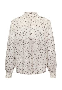 Blusa de manga larga en tela color crema con un estampado floral en púrpura oscuro. Cuenta con cuello con solapa y detalle fruncido en la parte trasera.