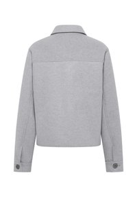 Grijze wolmix jas met een kraag, knoopsluiting bij de mouwen en een gladde textuur. Heeft een eenvoudige, rechthoekige vorm en een naaddetail op de rug.