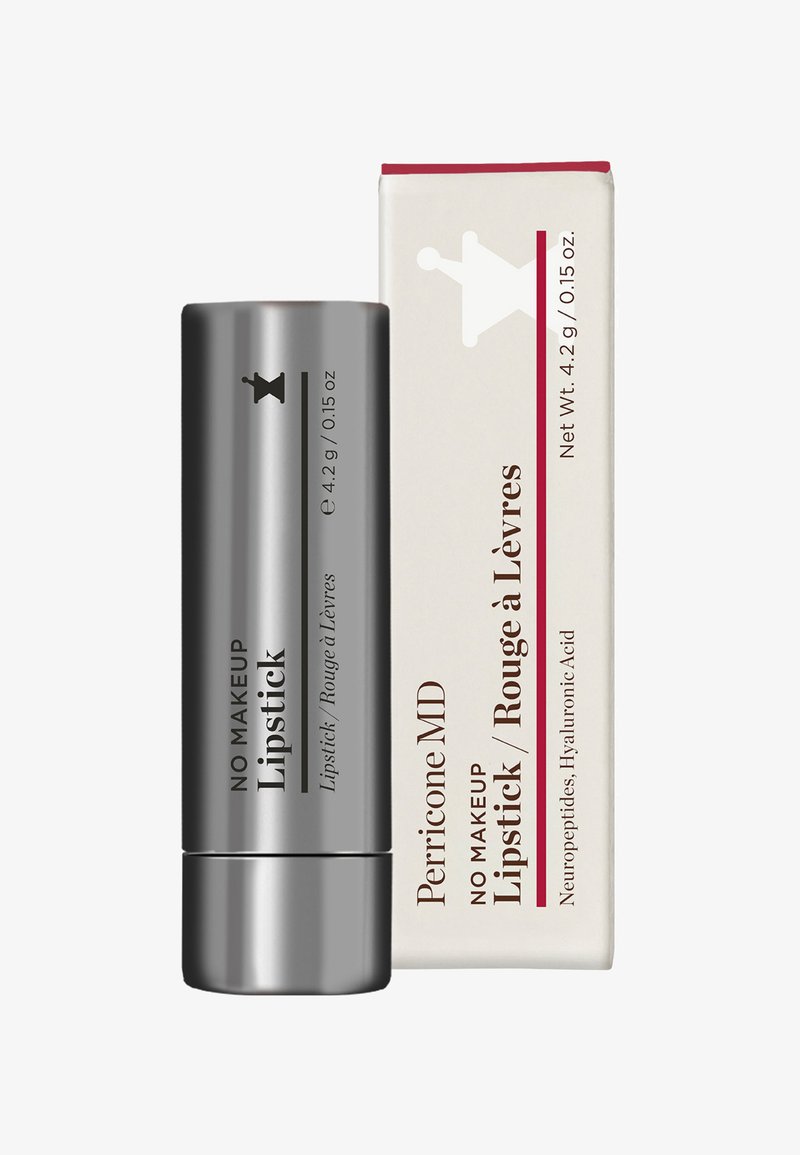 Grauer metallischer Lippenstift in einer Tube mit schwarzem Text, neben einer weißen Box mit burgunderfarbenen Akzenten und detaillierten Produktinformationen.
