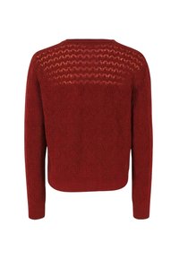 Maglione rosso lavorato a maglia con motivo testurizzato, dotato di maniche lunghe e scollatura arrotondata. Il design mette in risalto forme a diamante sulla parte posteriore.