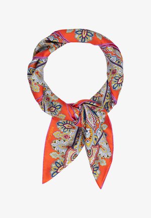 Bright orange silk scarf with intricate yellow, blue, white, and red floral paisley patterns, tied in a loose knot.