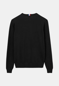 Pull en maille noire avec manches longues, poignets côtelés et col rond. Présente une petite bande bleue, blanche et rouge à l'arrière du col.