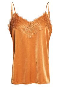 Caraco en satin orange brûlé avec bordure en dentelle le long de l'encolure et bretelles réglables. Texture lisse, design léger et tombé doux.