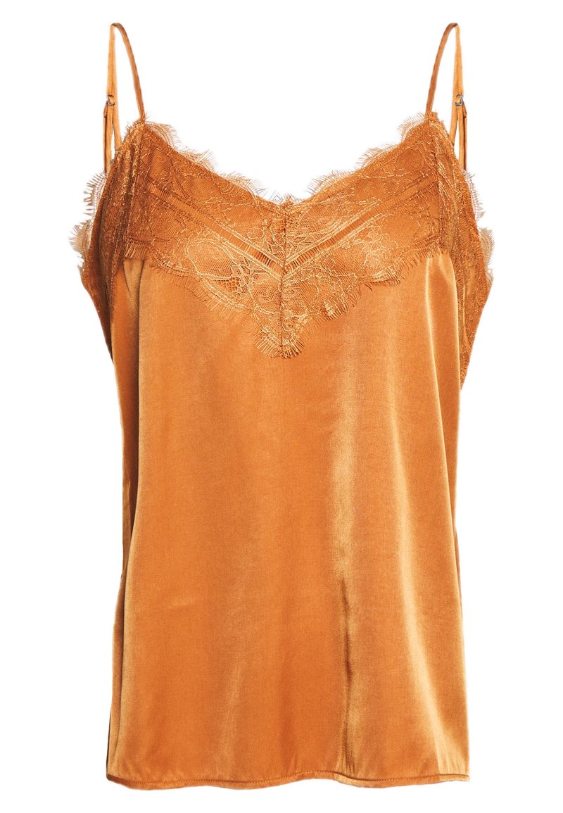Caraco en satin orange brûlé avec bordure en dentelle le long de l'encolure et bretelles réglables. Texture lisse, design léger et tombé doux.
