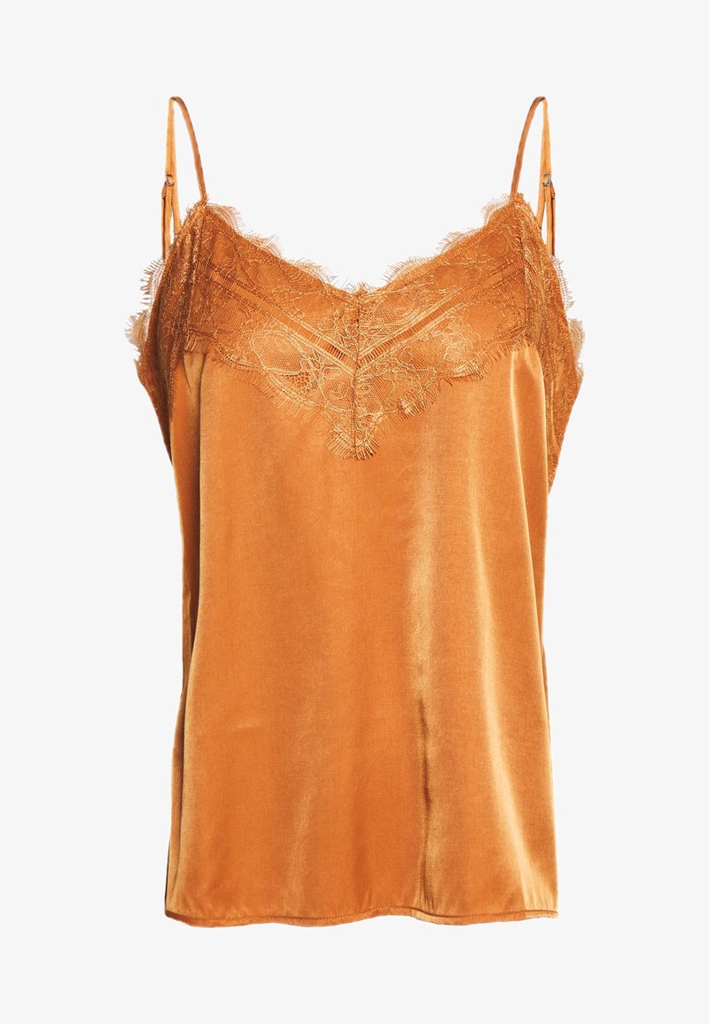 Caraco en satin orange brûlé avec bordure en dentelle le long de l'encolure et bretelles réglables. Texture lisse, design léger et tombé doux.