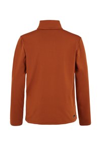 Langsleeve top in een effen roestkleur, met een hoge kraag, gladde textuur en een rechte snit met stiksels langs de randen.