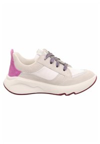 Light gray sneaker with white accents and a pink suede heel. Features round toe, gray laces, and textured midsole. Rubber sole.