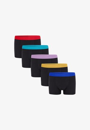 Vijf zwarte boxershorts met gekleurde elastische taillebanden: rood, aqua, paars, geel en blauw. Elk met het "THREADBARE" logo.