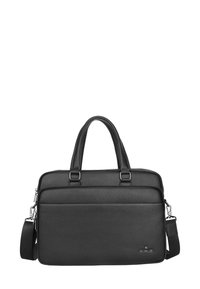 Black leather briefcase with dual handles, detachable shoulder strap, front zip pocket, and silver hardware.
