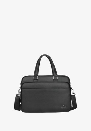 Zwarte leren aktetas met dubbele handvatten, afneembare schouderriem, voorkant met ritsvak en zilveren beslag.