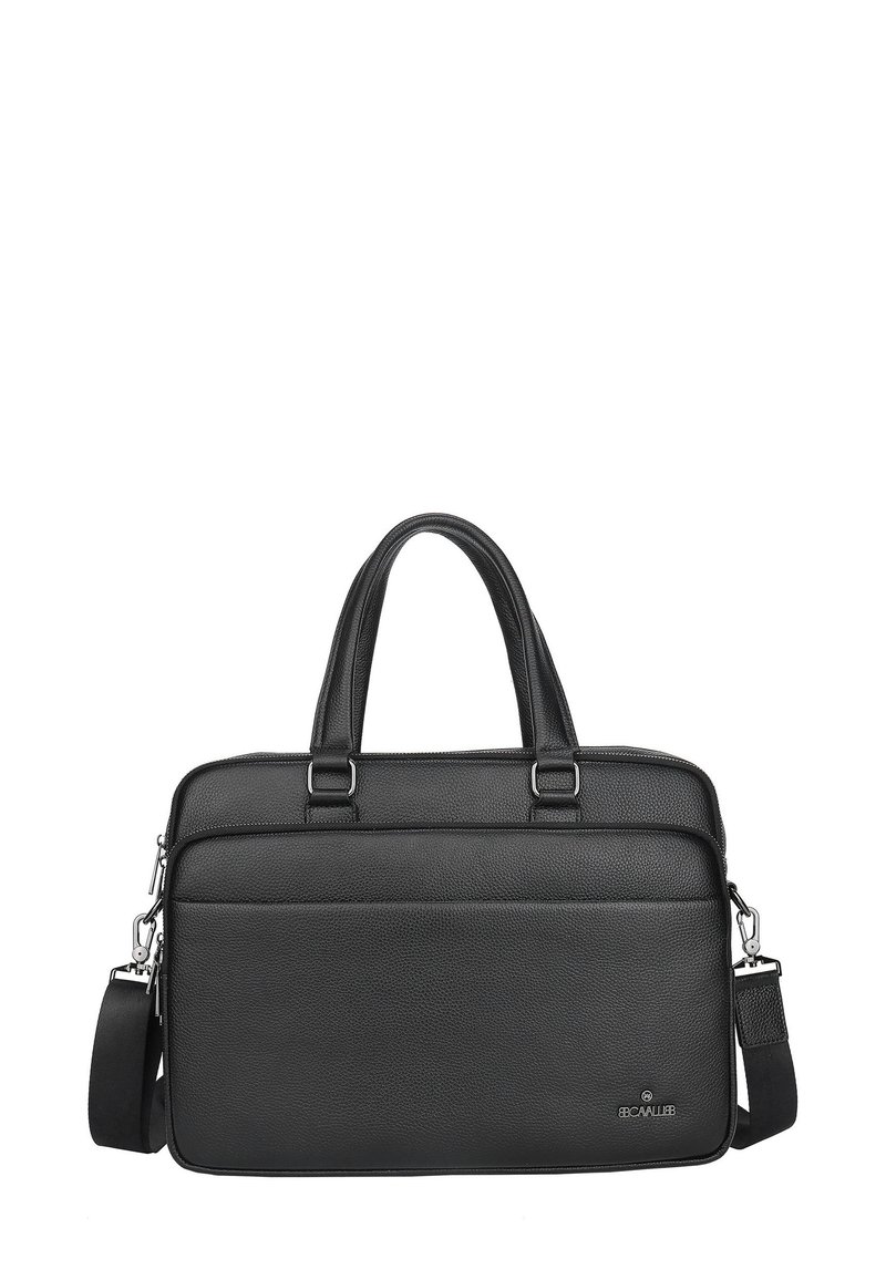 Black leather briefcase with dual handles, detachable shoulder strap, front zip pocket, and silver hardware.