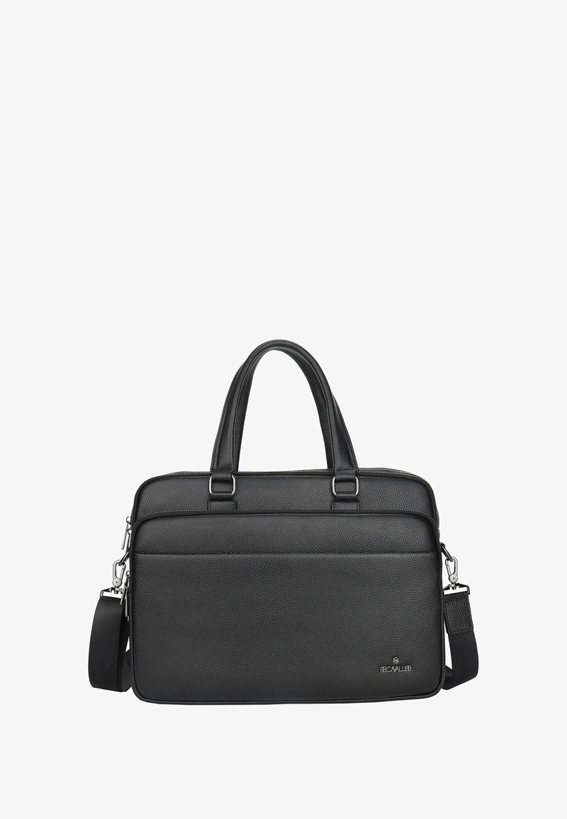 Zwarte leren aktetas met dubbele handvatten, afneembare schouderriem, voorkant met ritsvak en zilveren beslag.