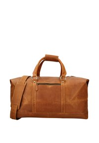 Bolsa de piel marrón tipo duffel con asas dobles, bolsillo frontal con cremallera y correa de hombro ajustable sobre fondo blanco.