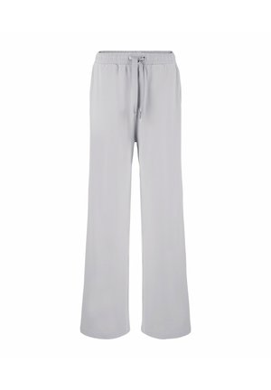 Lichtgrijze wijde broek van soepel materiaal, met een elastische tailleband en een trekkoord voor een verstelbare pasvorm.