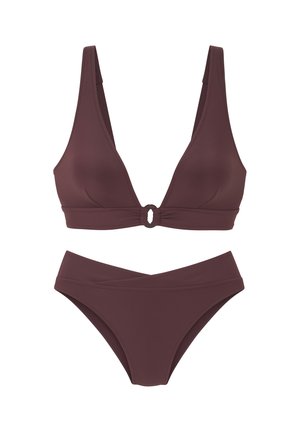Zweiteiliger dunkelbrauner Bikini mit tiefem V-Ausschnitt-Top, das einen kleinen Front-Ring hat, und hoch tailliertem Slip mit überkreuztem Taillenbund.