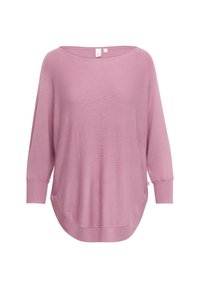 Maglione lungo a maniche lunghe di colore rosa chiaro, con un collo a barca largo, tasche laterali e un orlo curvo. Realizzato in tessuto morbido e strutturato.