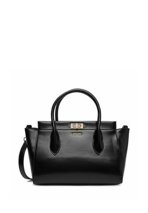 Bolso de cuero negro con dos asas redondeadas, cierre dorado, correa desmontable y logotipo de la marca LASOCKI en el frente.