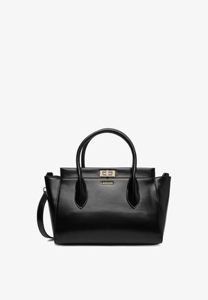 Czarna skórzana torebka z podwójnymi zaokrąglonymi uchwytami, złotym zapięciem, odpinanym paskiem i logo marki LASOCKI na przodzie.