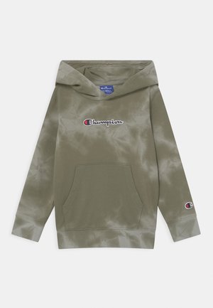 Olivgrüner Batik-Champion-Hoodie mit Fronttasche, gesticktem Logo auf Brust und Ärmel sowie angenähter Kapuze, Größe X-Small.