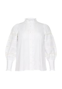 Chemise blanche avec un col à volants haut, une fermeture à boutons sur le devant et de volumineuses manches bouffantes ornées de rayures texturées et de détails en dentelle.