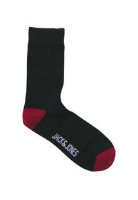 Chaussette noire avec des accents rouges au niveau des orteils et du talon. Le nom de la marque "JACK & JONES" est affiché en blanc sur le côté. Tissu doux et bord ribbé.