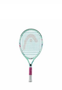 Tennistam met een muntgroen frame, lichtblauw bespanning en een roze bloemenpatroon grip. Ovale hoofdvorm en opvallende handgreep.