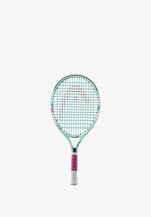 Tennis racket with a mint green frame, light blue stringing, and a pink floral-patterned grip. Oval head shape and prominent handle.