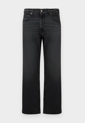 Sorte straight-leg jeans med frontknapp og glidelås, fem lommer og subtil falming på lårene og knærne.