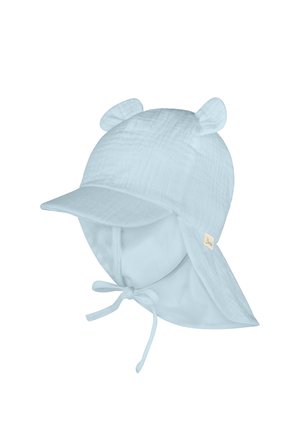 Light blue baby sun hat with a front brim, ear flaps, chin ties, and two small fabric ears on top.