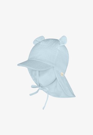Hellblauer Baby-Sonnenhut mit vorderem Schild, Ohrklappen, Kinnband und zwei kleinen Stoffohren oben.