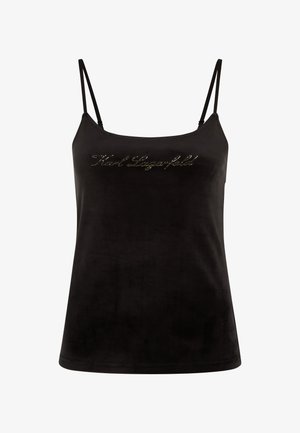 Melnā samta krekliņš ar šaurām siksniņām, ar spīdīgu logotipa rotājumu priekšpusē. Gluda tekstūra un brīvs piegriezums.