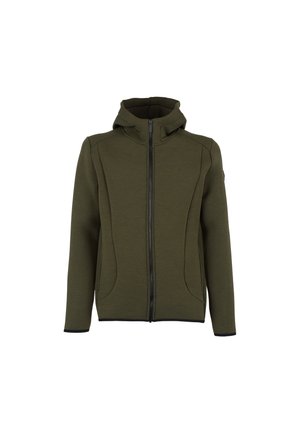 Felpa con zip verde oliva dal design aderente, in tessuto testurizzato, con tasche laterali e cappuccio regolabile con coulisse. Finiture nere lungo i bordi.