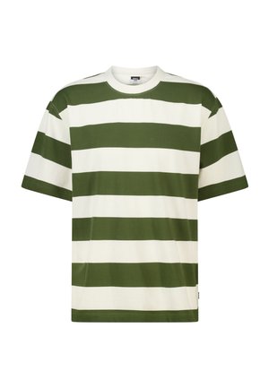T-shirt manches courtes col rond avec larges rayures horizontales vert olive et blanc, coupe ample.