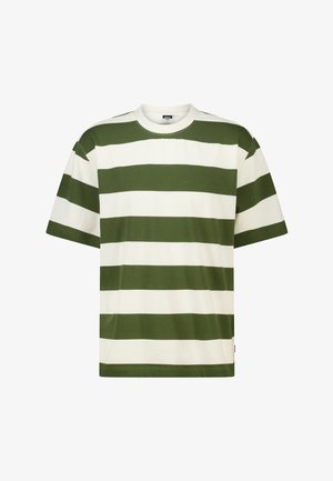 T-shirt manches courtes col rond avec larges rayures horizontales vert olive et blanc, coupe ample.