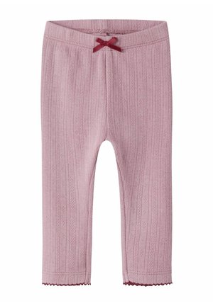 Rosa gerippte Baby-Leggings mit einer kleinen dunkelrosa Schleife am Bund und wellenförmigen Säumen an den Beinen.