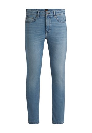 Helle blaue Jeans mitSlim-Fit, Fünf-Taschen-Design, Reißverschluss und dezentem Verwaschungseffekt. Das Material ist weich und hat eine glatte Textur.