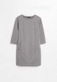 Grå klänning med rutigt mönster, rund urringning, trekvartslånga ärmar och två sidofickor. Strukturerad tyg med en välsittande passform.