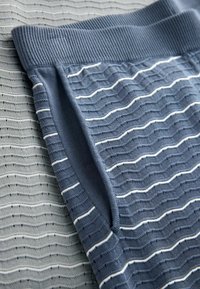 Zbliżenie na złożone dzianiny w kolorach niebieskim i szarym z teksturowanymi falistymi wzorami oraz białymi poziomymi paskami.