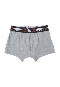 Bóxer grises para niño con una cintura elástica negra que presenta patrones de dinosaurios y osos en blanco y detalles en rojo. Textura suave.