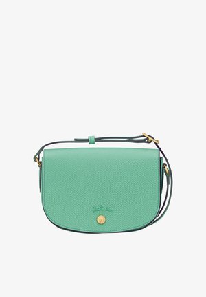 Mint green leather crossbody bag with a textured finish. Features a gold-tone snap closure, adjustable strap, and rounded shape.