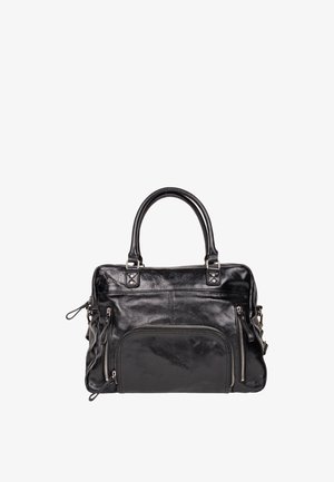 Černá kožená kabelka s dvojitými rukojeťmi, kapsami na zip a elegantním designem. Má přední kapsu a strukturovaný povrch.