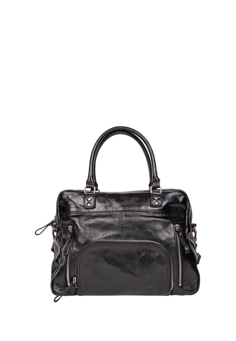 Zwarte leren handtas met dubbele handvatten, ritssluitingen en een slank ontwerp. Voorzien van een voorvak en een gestructureerde afwerking.