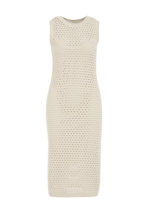 Kötött midi ruha tört fehér színben. Texturált mintázattal rendelkezik, amely nyitott szövéseket tartalmaz. Ujjatlan, kerek nyakkivágású, testhezálló fazon.