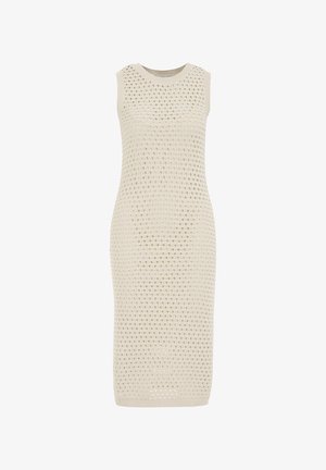 Kötött midi ruha tört fehér színben. Texturált mintázattal rendelkezik, amely nyitott szövéseket tartalmaz. Ujjatlan, kerek nyakkivágású, testhezálló fazon.