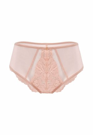 Jasnoróżowa damska bielizna z koronkowymi detalami z przodu i przezroczystymi panelami bocznymi, z małym złotym pierścieniem na środku pasa.