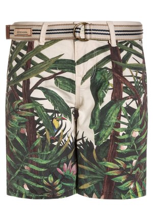 Herren-Shorts mit tropischem Pflanzenmuster in Grün-, Gelb- und Rosatönen. Ausgestattet mit einem beigen Gürtel mit gestreiften Details.