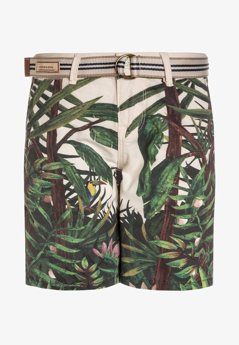 Shorts pour hommes avec un imprimé de plantes tropicales en tons verts, jaunes et roses. Équipés d'une ceinture beige avec des détails rayés.