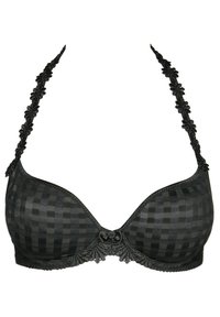 Black lace-trimmed bra with a checkered pattern. Features floral accents on straps and a central bow detail. Smooth texture.