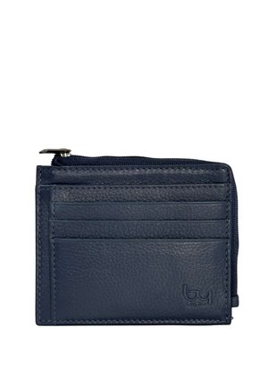 Portacarte in pelle blu navy con quattro fessure per carte, un compartimento con cerniera nella parte superiore e logo "by" in rilievo nell'angolo inferiore destro.